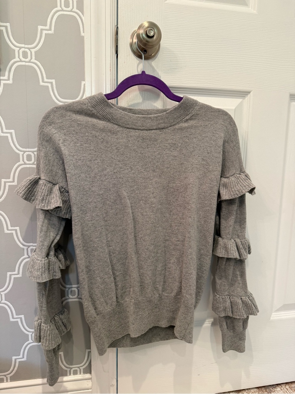 J. Crew Mercantile Light Gray Crewneck Ruffle Sleeve Sweater